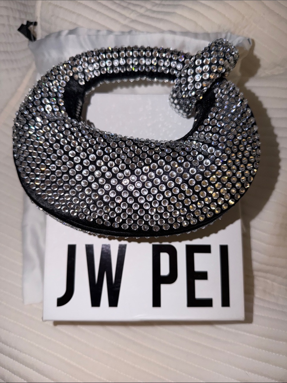 JW PEI Black Crystal-Embellished Crescent Handle Bag